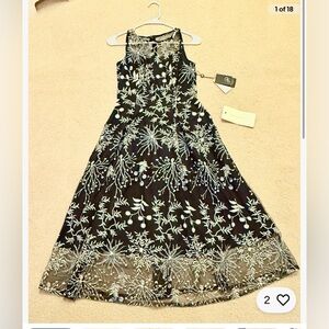 Adrianna Papell Women Black Blue Embroidered Lace Fit Flare Midi Dress NWTSize 0